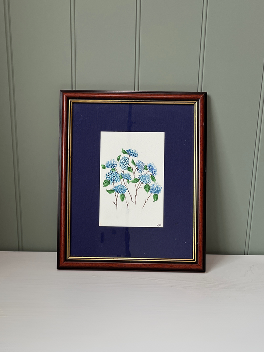Watercolour hand painted hydrangeas in vintage wood frame with gold accents & blue fabric backing