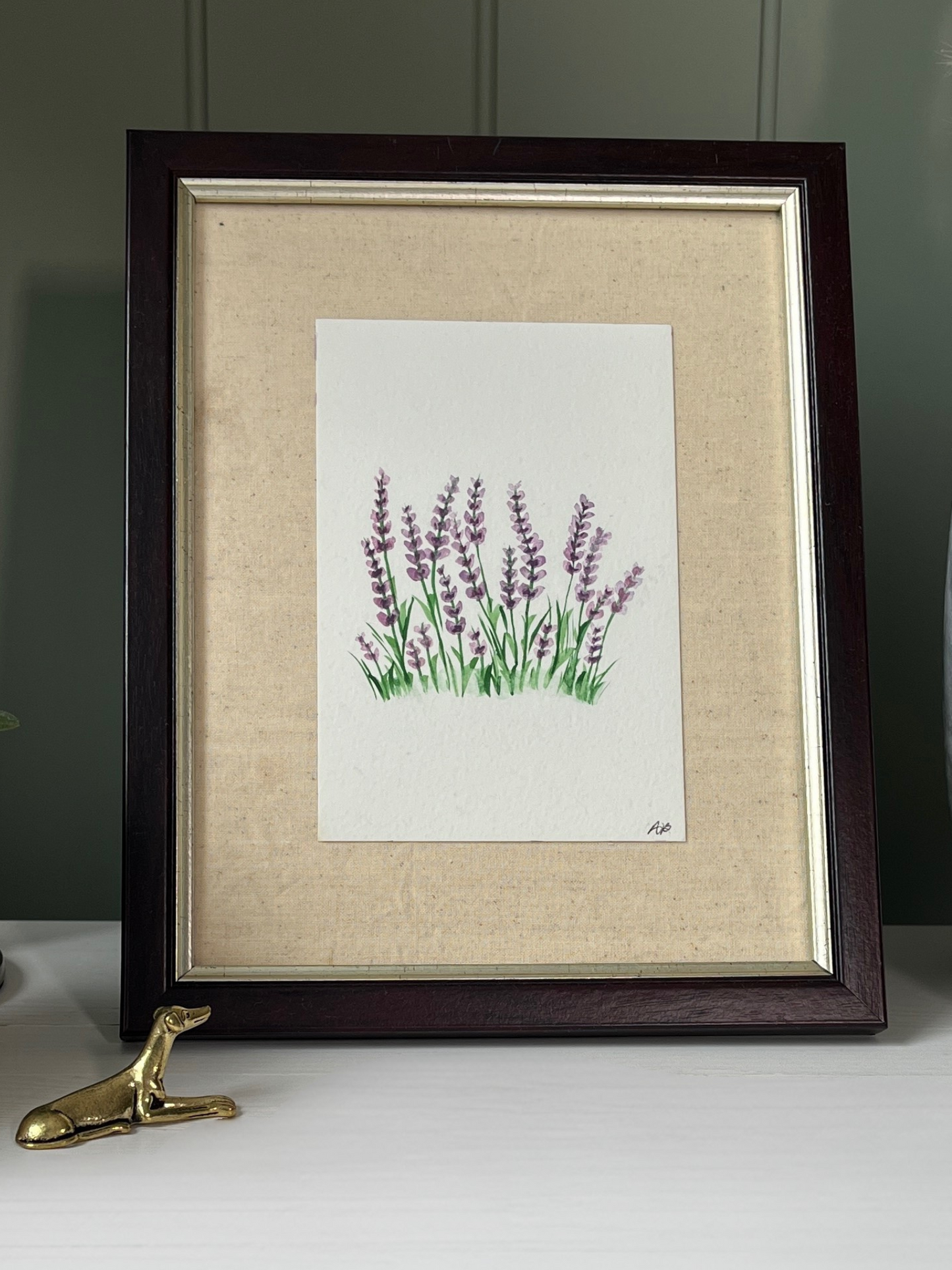 Vintage frame with hand painted watercolour lavender art and oatmeal canvas backing