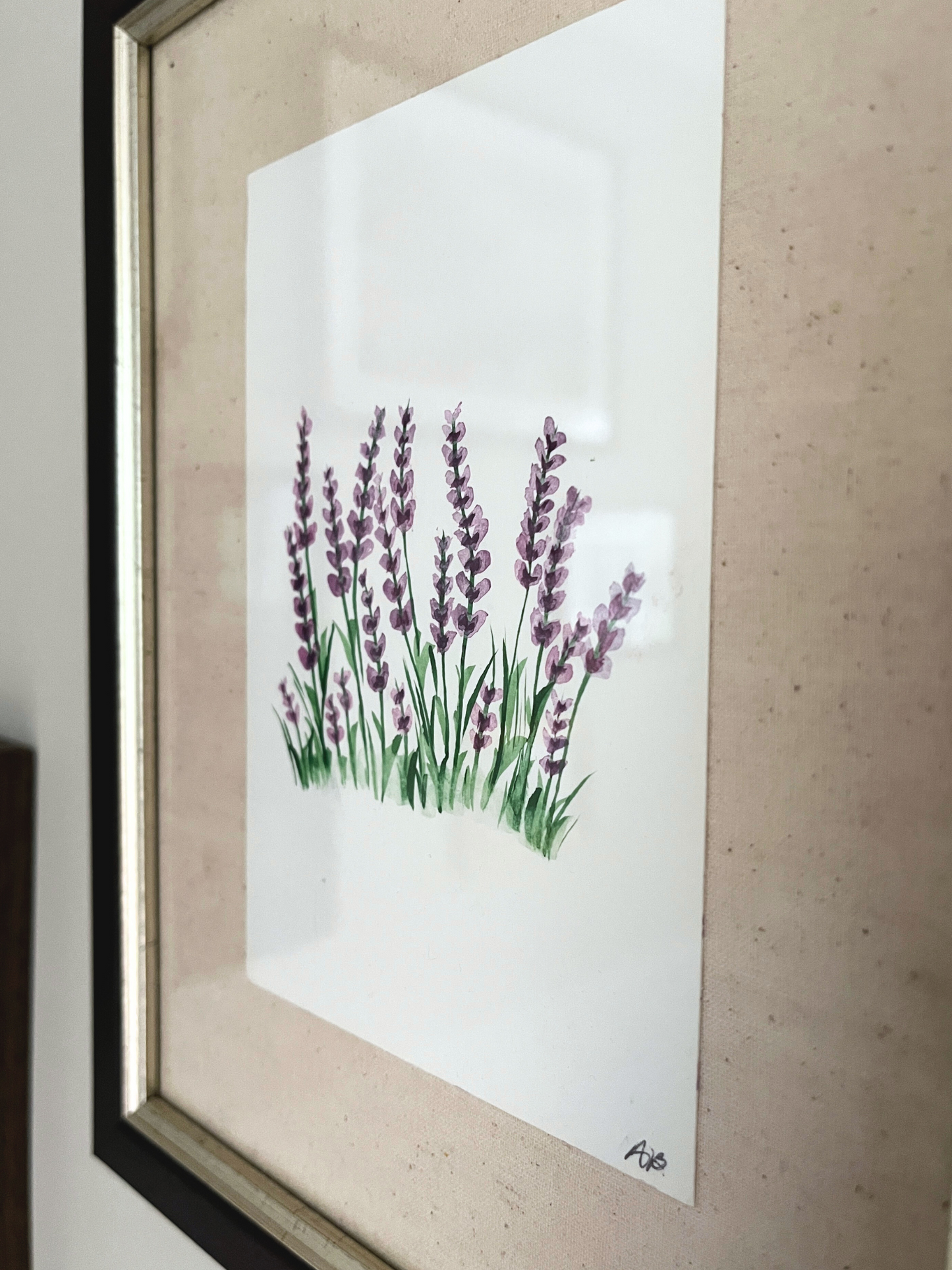 Vintage frame with hand painted watercolour lavender art and oatmeal canvas backing
