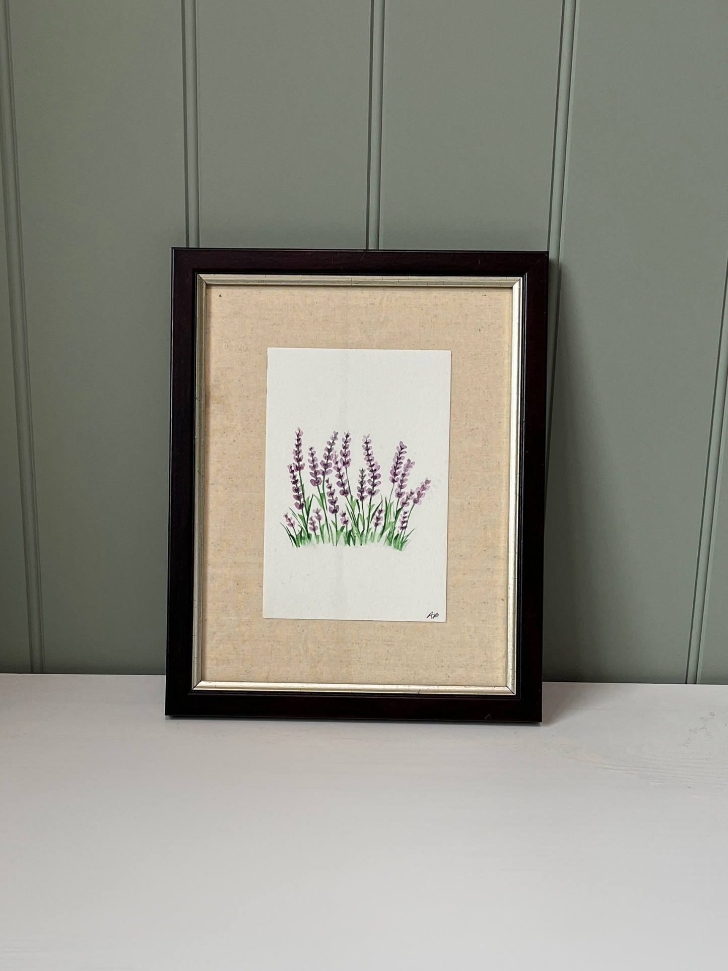 Vintage frame with hand painted watercolour lavender art and oatmeal canvas backing