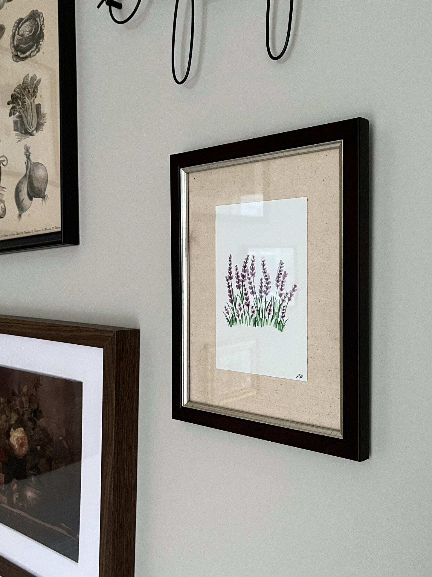 Vintage frame with hand painted watercolour lavender art and oatmeal canvas backing