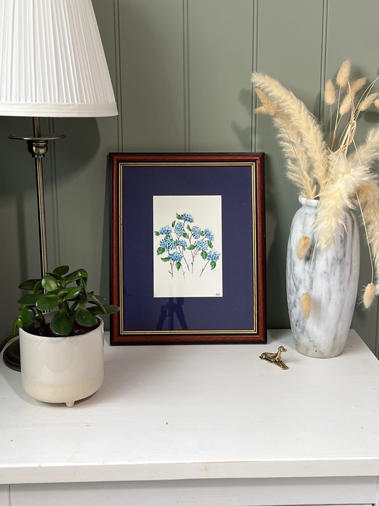 Watercolour hand painted hydrangeas in vintage wood frame with gold accents & blue fabric backing
