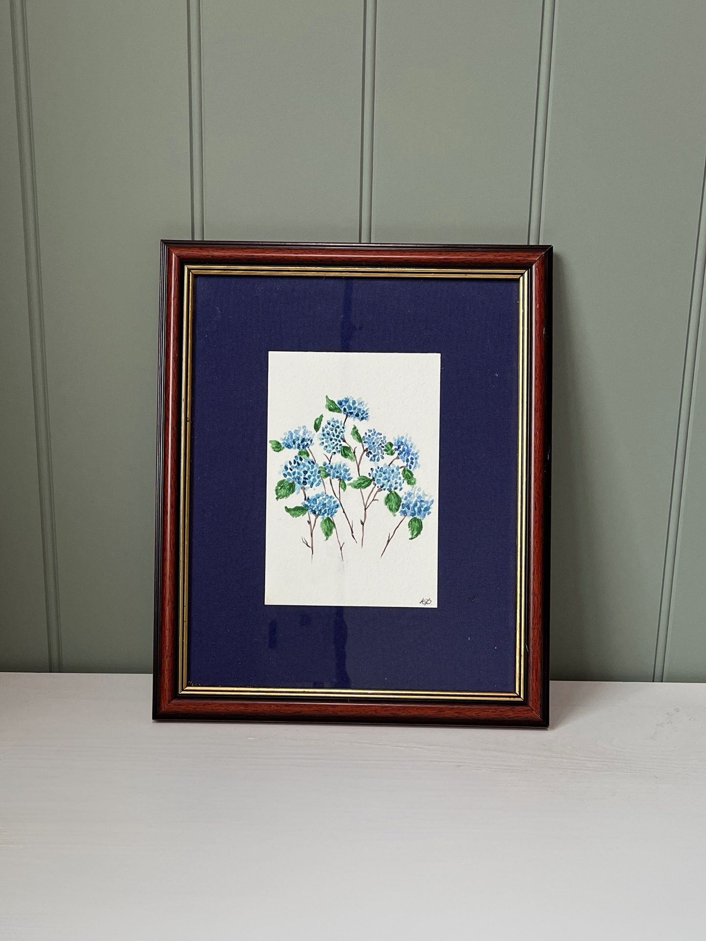 Watercolour hand painted hydrangeas in vintage wood frame with gold accents & blue fabric backing