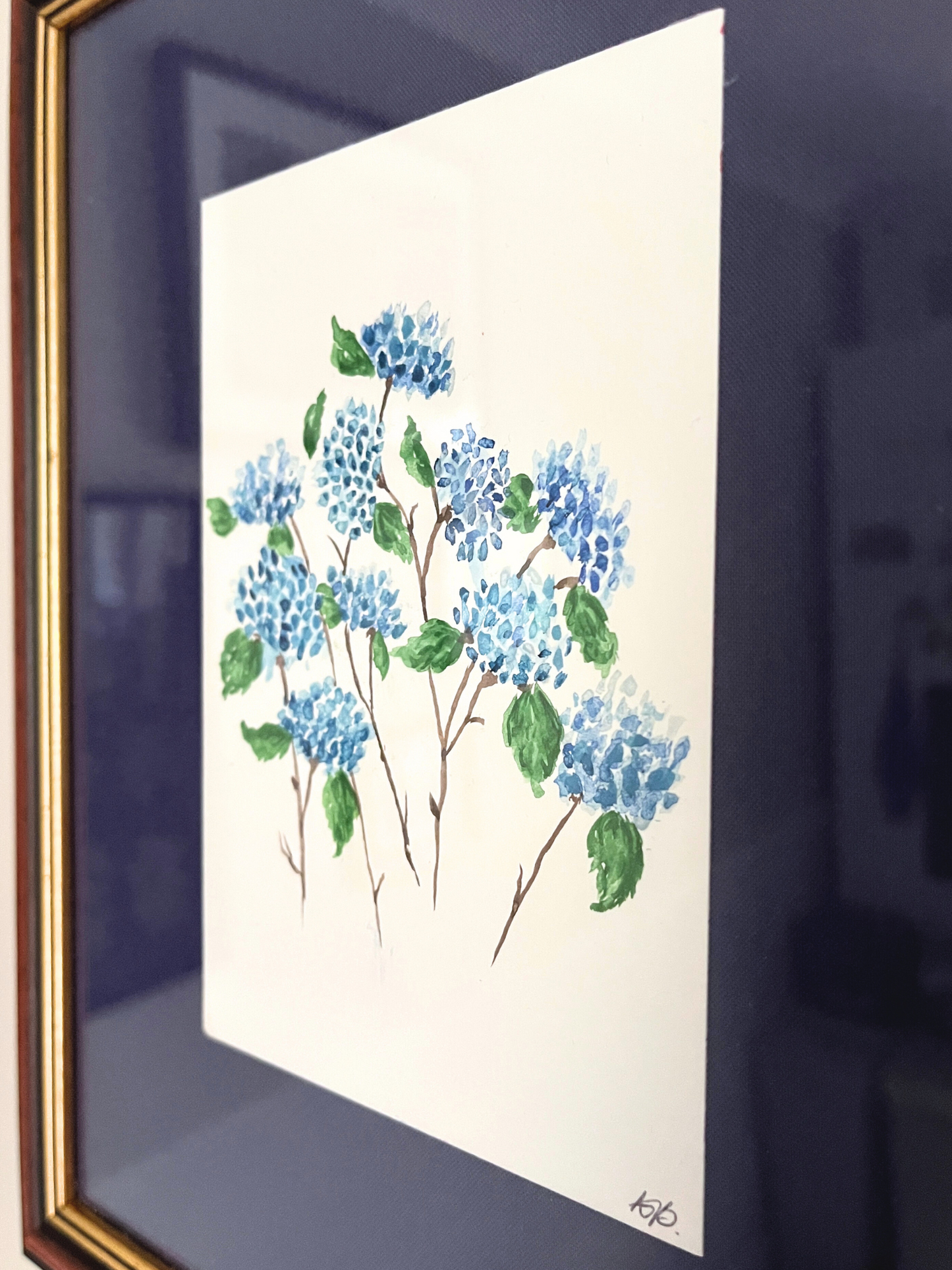 Watercolour hand painted hydrangeas in vintage wood frame with gold accents & blue fabric backing