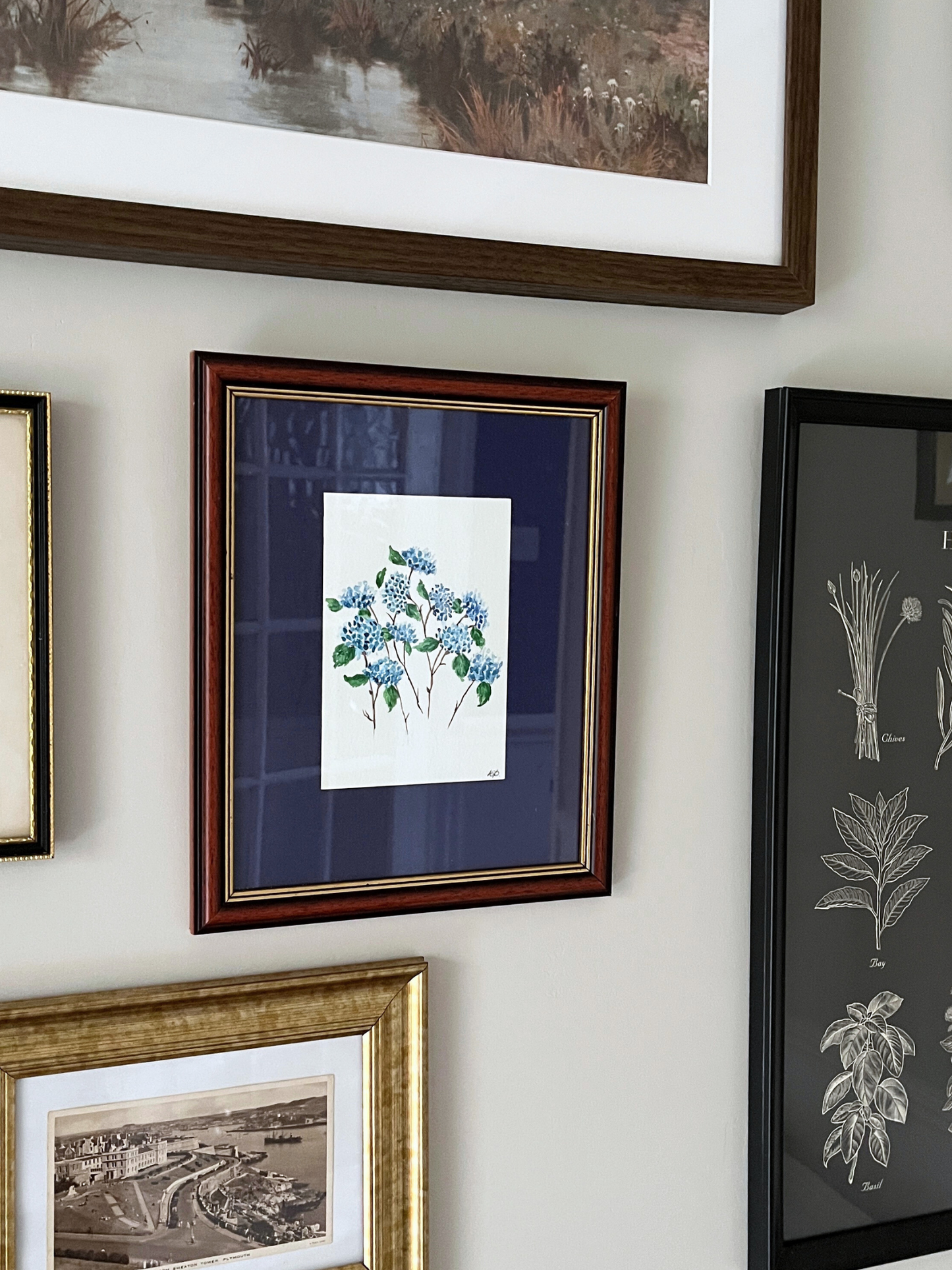Watercolour hand painted hydrangeas in vintage wood frame with gold accents & blue fabric backing