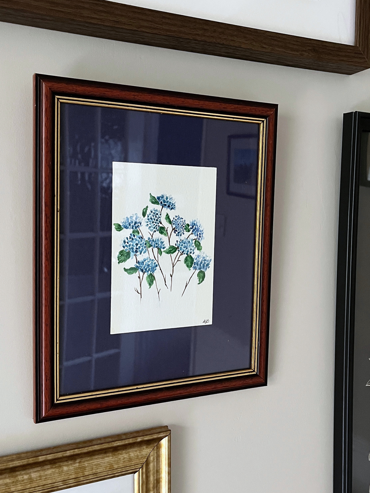 Watercolour hand painted hydrangeas in vintage wood frame with gold accents & blue fabric backing