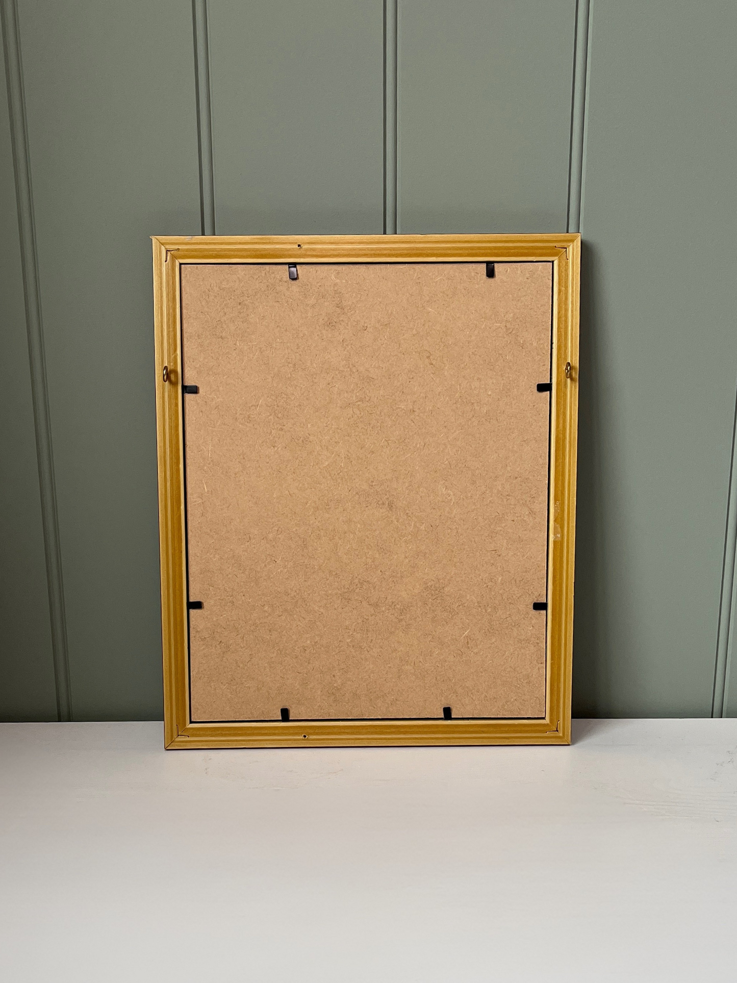 Watercolour hand painted hydrangeas in vintage wood frame with gold accents & blue fabric backing