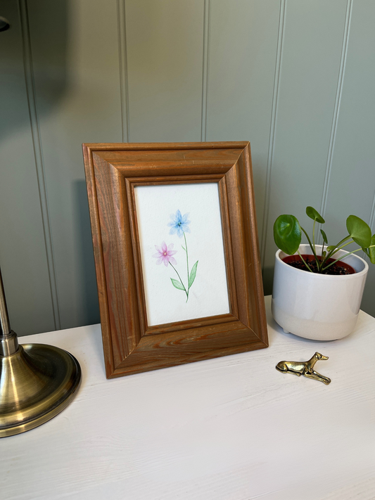 Hand painted Watercolour Pink & Blue Flowers in Vintage Hardwood Frame