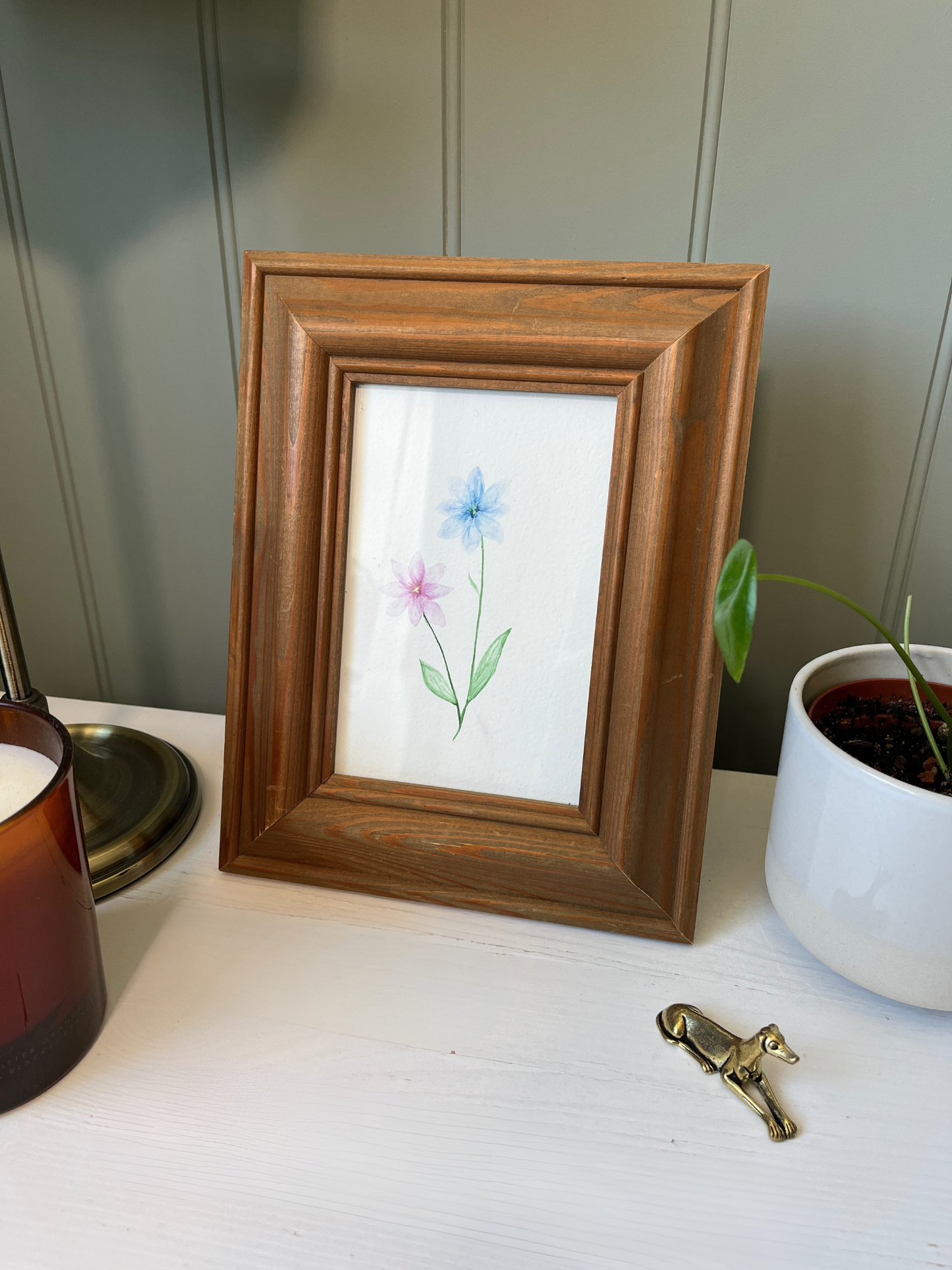 Hand painted Watercolour Pink & Blue Flowers in Vintage Hardwood Frame