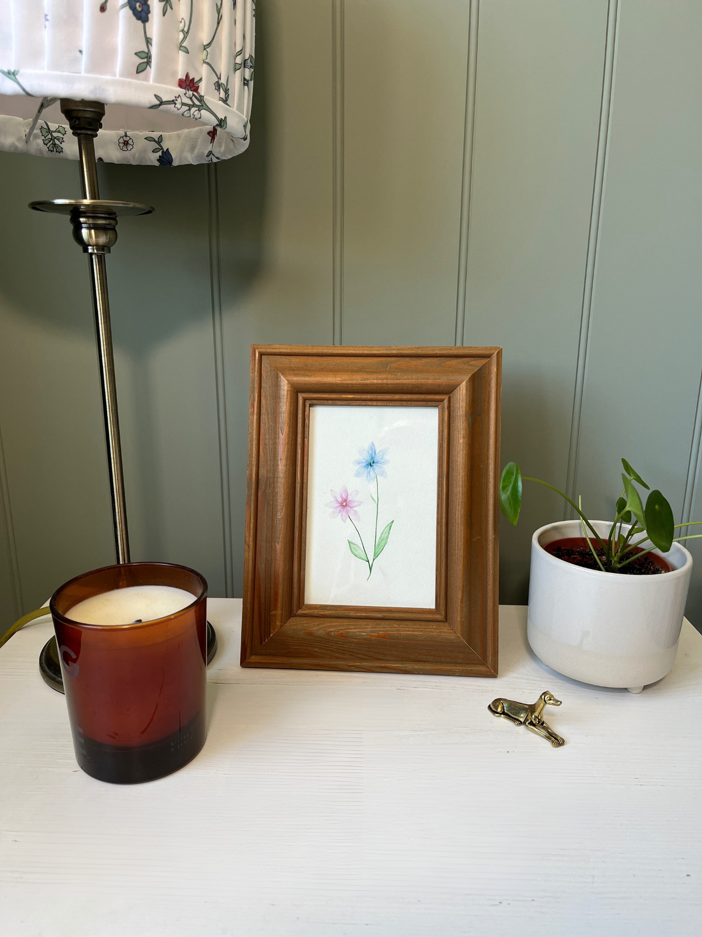 Hand painted Watercolour Pink & Blue Flowers in Vintage Hardwood Frame