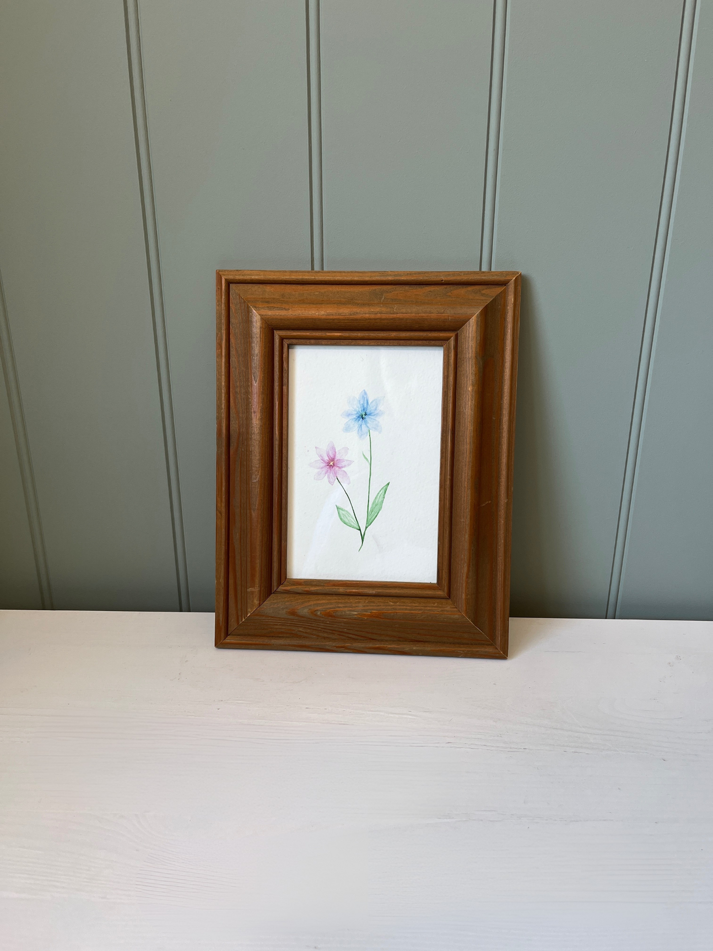 Hand painted Watercolour Pink & Blue Flowers in Vintage Hardwood Frame