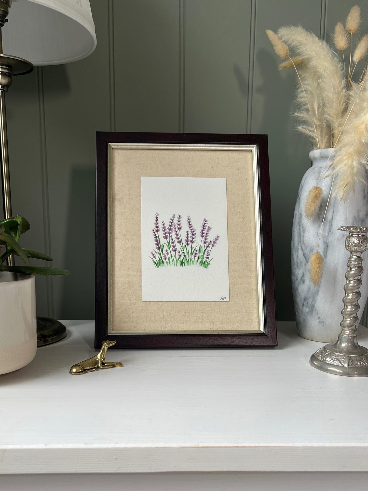 Vintage frame with hand painted watercolour lavender art and oatmeal canvas backing
